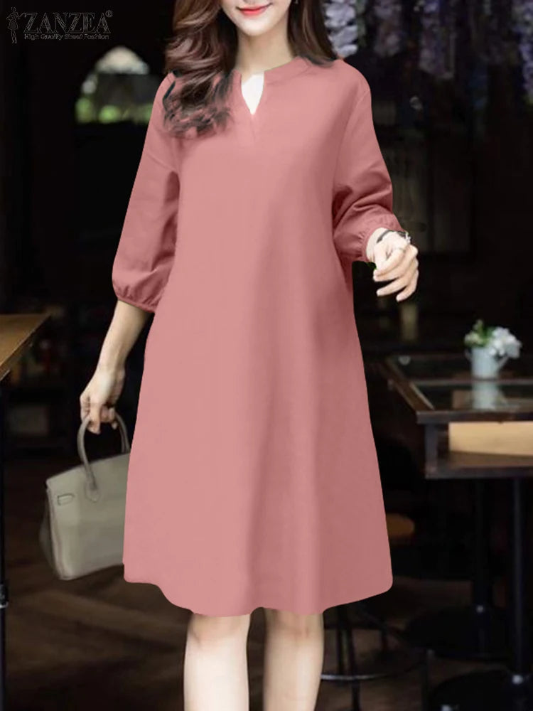 V-Neck Puff Sleeve A-Line Midi Dress | Elegant Solid Work & Casual Autumn Dress Luxegan