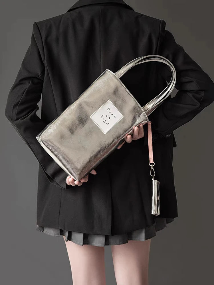 Y2K Vintage Korean Silver Shoulder Luxury Make Small Wallet Tote Bag | Ladies Handbag Crossbody Bag Women's Silver Handbags Purses Luxegan