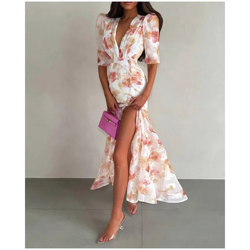 Flutter Sleeves Slim Long Dress Women Casual Pleated Deep V-neck Floral Print High Waist Dresses 2026 Lady Summer Holiday Wear