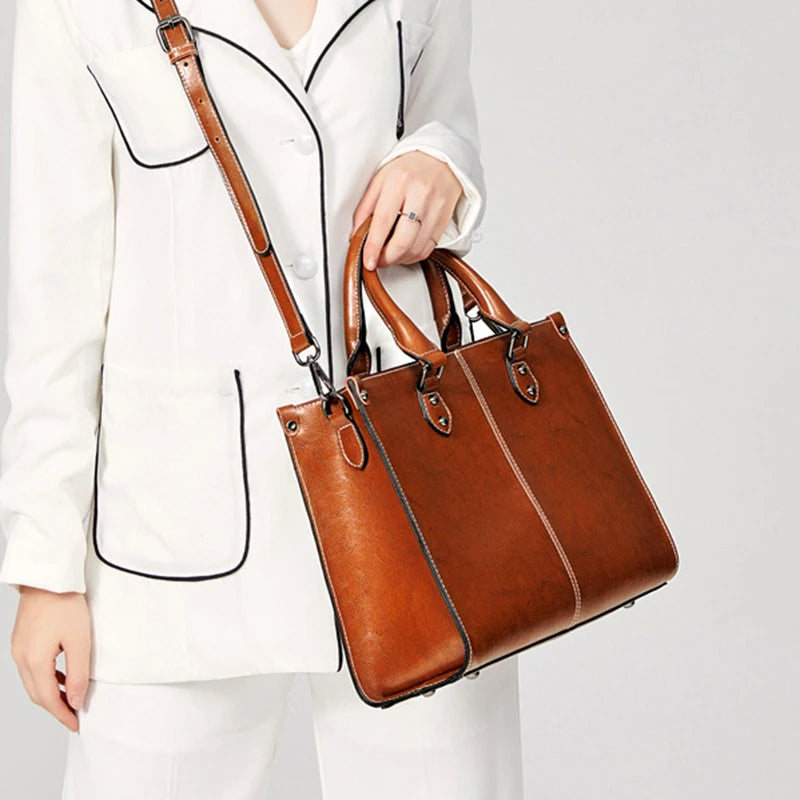 Genuine Leather Crossbody Shoulder Tote | Sophisticated Real Cowhide Fashion Handbag | Elegant Office Top-Handle Messenger | "Dignified" Soft Leather Box Bag for Versatile Professional Styling Luxegan
