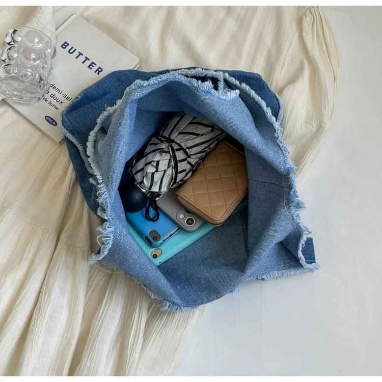 Custom Logo Printing Denim Tote Bag | High-Quality Student Style Leisure Handbag | Unisex Cartoon Pattern Canvas-Lined Crossbody Bag (Model 3138) Luxegan