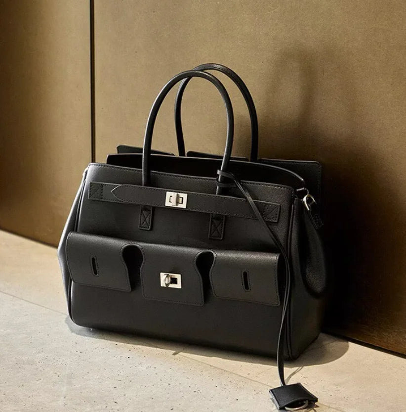 Luxury Real Leather Tote Bag Brand Texture Lock Wing Bag Solid Color Simple New Horizontal Square Bag Women's Commuter Handbag