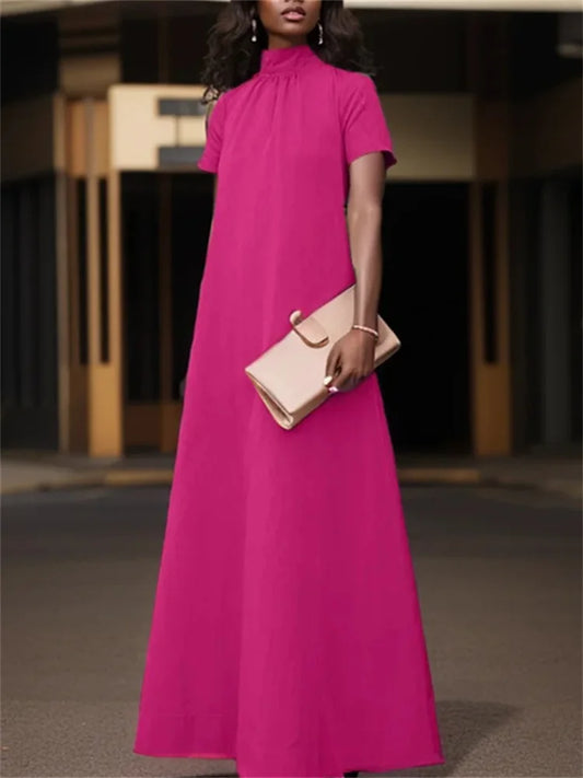 Turtleneck Short Sleeve Maxi Dress | Loose A-Line Elastic Waist Vintage Casual Dress Luxegan