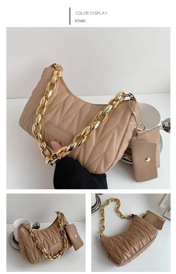 Quilted Ruched Crescent Shoulder Bag | Sophisticated England-Style Chain Handbag | Elegant Half-Moon Purse with Coin Pouch | "Dignified" Soft TPU Carryall for Versatile Daily Styling Luxegan