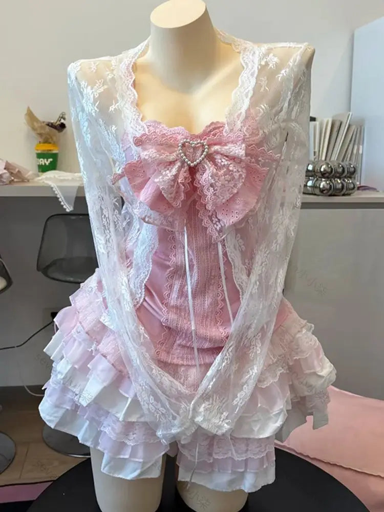 Women's Y2k Lolita Cute Mini Dress | Spicy Girls Floral Style Lace-Up Summer Dress | Elegant Square Collar Ruffle Slim Fit Vestido | Premium Tatting Regular Fit A-Line Dress Model QZ6007 Luxegan
