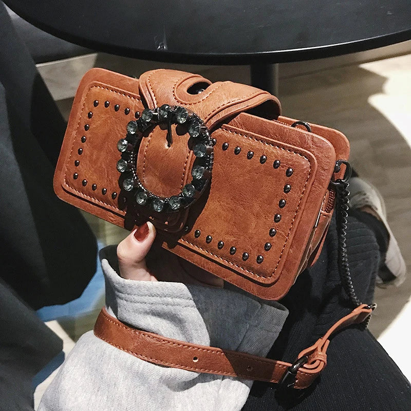 Vintage Round Rhinestone Buckle Shoulder Bag | Fashion Punk Design Top-Handle Crossbody Bag (Popular Rivets Decor Purse for Women) Luxegan