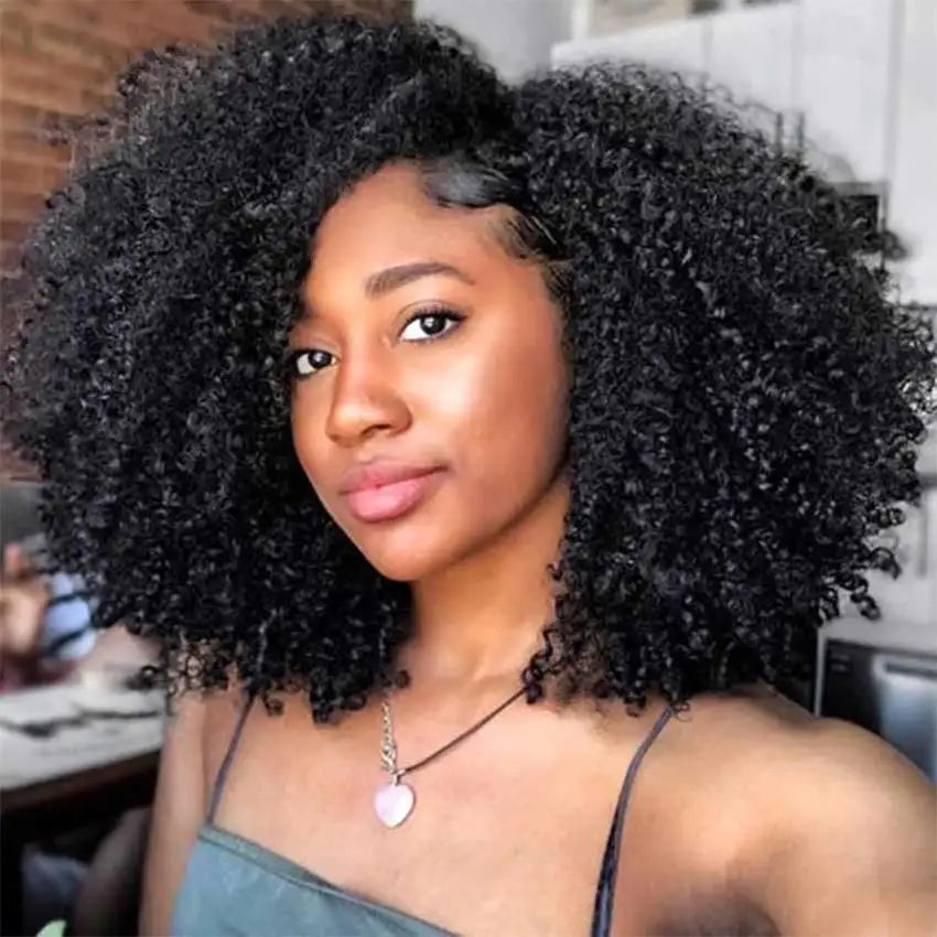 Short Afro Kinky Curly Human Hair Wig with Bangs - Full Machine-Made Glueless Funmi Curly Wig - 100% Brazilian Remy Human Hair Natural Black Afro Wig for Black Women Luxegan