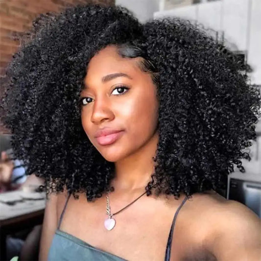 Short Afro Kinky Curly Human Hair Wig with Bangs - Full Machine-Made Glueless Funmi Curly Wig - 100% Brazilian Remy Human Hair Natural Black Afro Wig for Black Women Luxegan