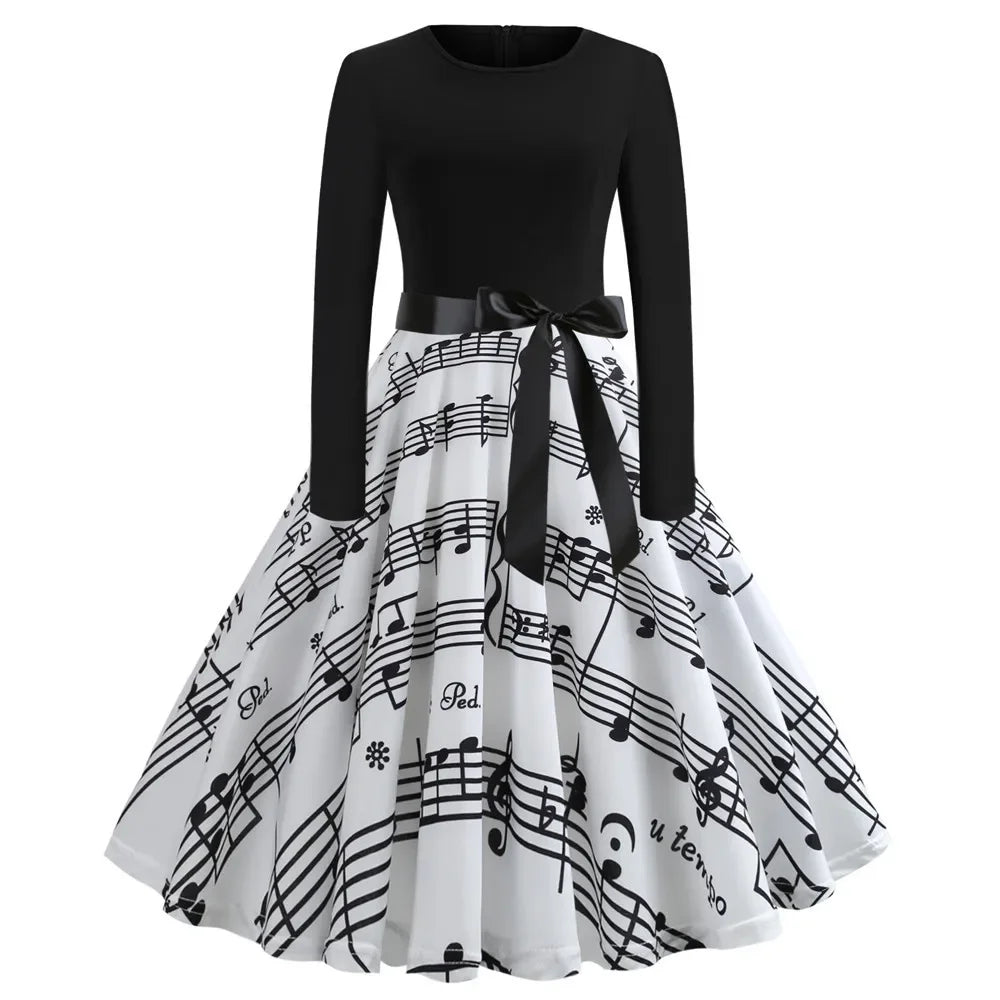 Harajuku Vintage Music Note Print Party Dress | Casual Retro Long-Sleeve Spring Autumn Midi | Full-Sleeve Loose-Fit A-Line Dress with Sashes Luxegan