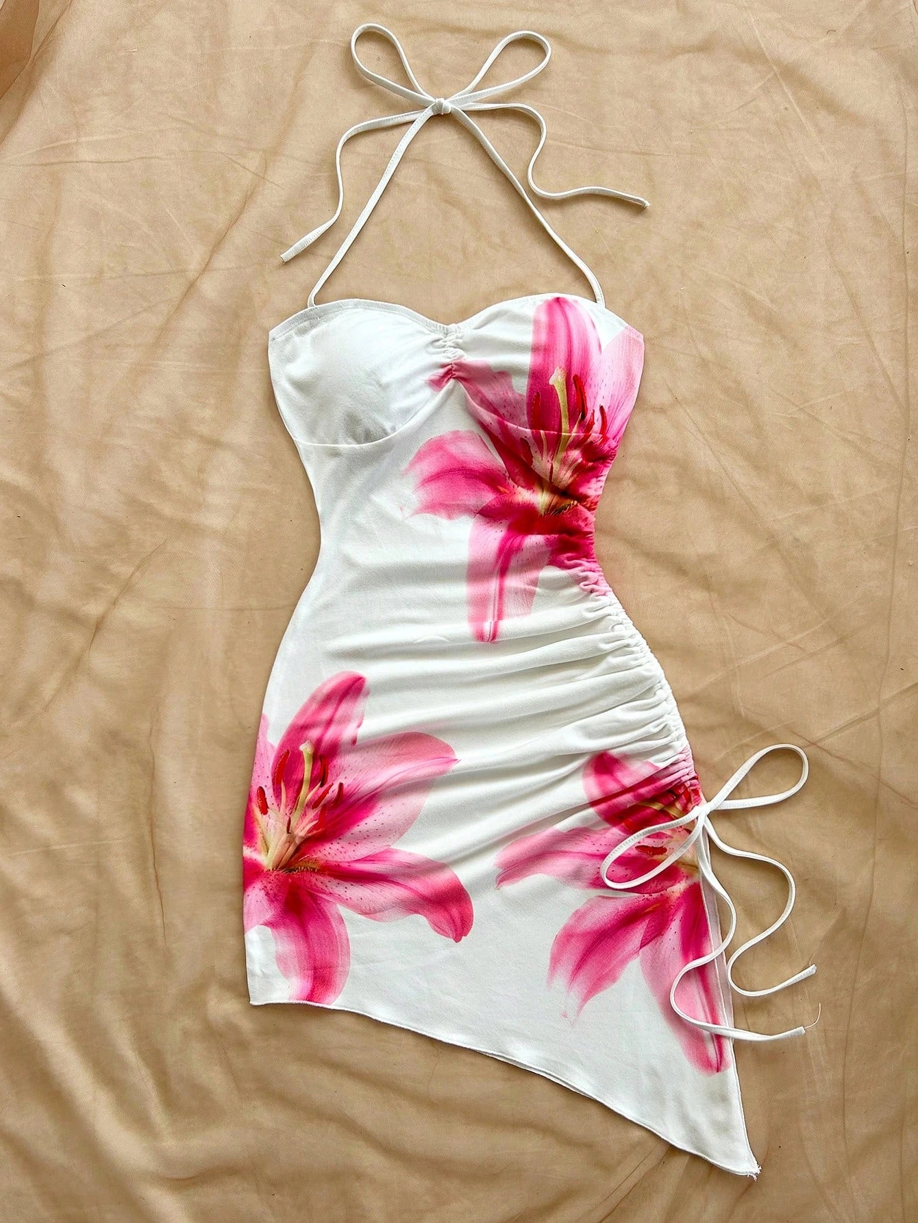 Beach Vacation Graphic Floral Print Dress | Sexy Halter Neck Bow Bodycon Mini Dress | Bohemian Asymmetric Hem Sleeveless Robe | Premium Knit Slim Fit Sweetheart Streetwear Model AE018 Luxegan