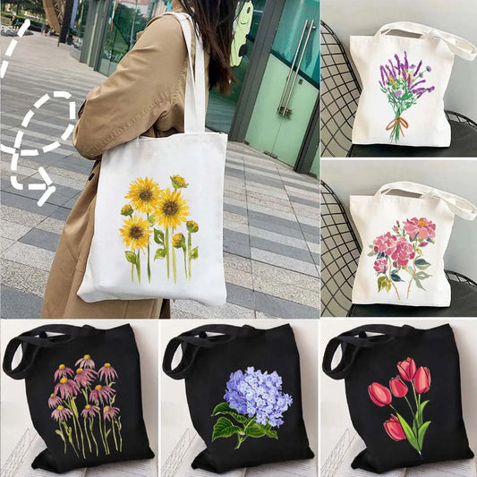 Succulove Floral Cotton Tote Bag | Large Capacity Handbag with Tulips, Hydrangeas, Sunflowers & More (Casual Shoulder Shopper, Eco-Friendly) Luxegan