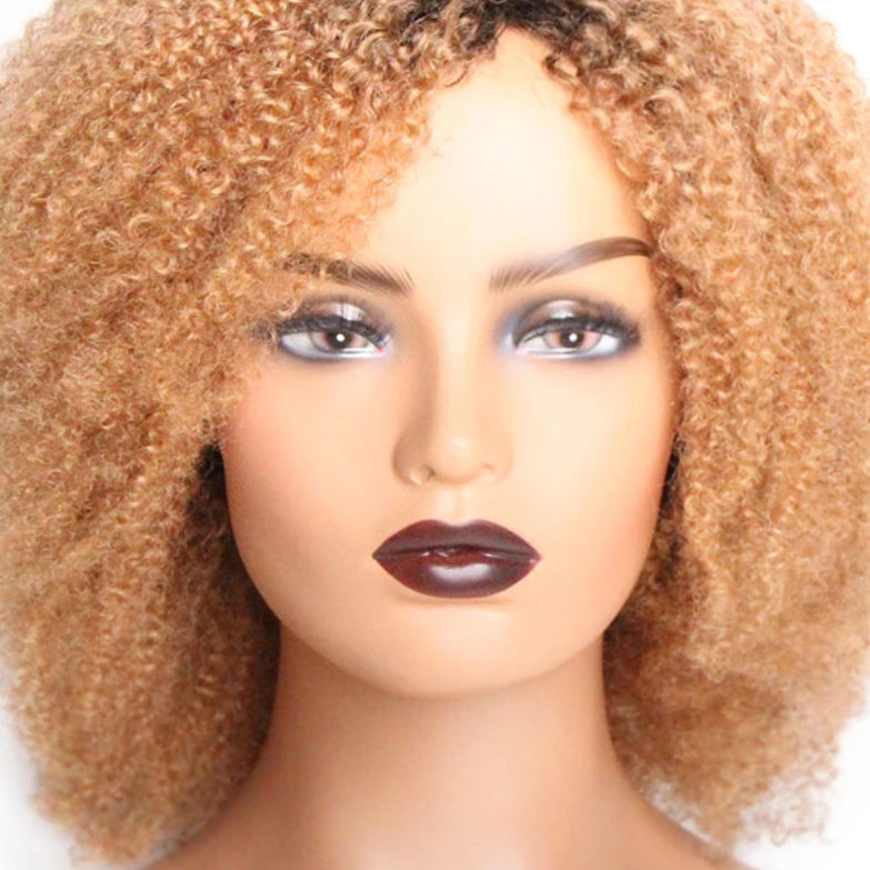 Honey Blonde Jerry Curl Human Hair Wig with Bangs - Full Machine-Made Glueless Short Afro Curly Wig - 100% Brazilian Remy Human Hair Colored Curly Wig for Women (4-16 Inch) Luxegan