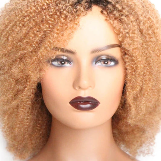 Honey Blonde Jerry Curl Human Hair Wig with Bangs - Full Machine-Made Glueless Short Afro Curly Wig - 100% Brazilian Remy Human Hair Colored Curly Wig for Women (4-16 Inch) Luxegan
