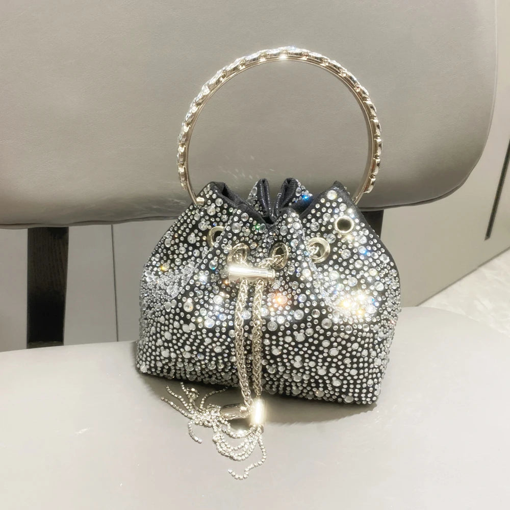 Luxury Designer Rhinestone Evening Clutch | Shiny Crystal Bucket Handbag & Fashion Shoulder Bag Luxegan