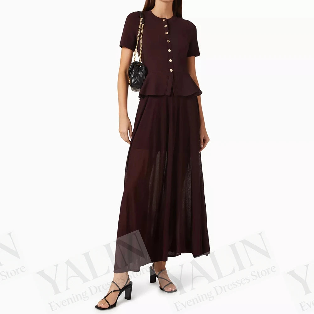 Sequined Button A-Line Prom Dress | O-Neck Short Sleeve Tea-Length Evening Gown Luxegan