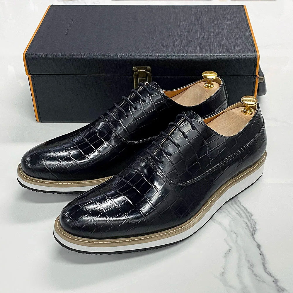 High-End Snake Pattern Genuine Leather Shoes | Sophisticated First Layer Cowhide Banquet Footwear | Elegant "Snake Print" Silhouette | "Dignified" Height-Increasing Casual Shoes for Radiant Versatile Spring & Autumn Styling Luxegan