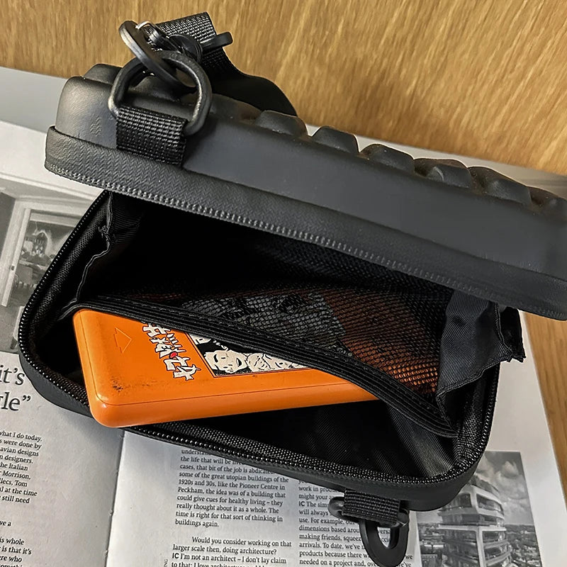 Unisex Army Green Mini Box Crossbody | Casual Leisure Shoulder Sling Bag | Durable PVC Solid Color Handbag with Striped Texture & Zipper Closure Luxegan