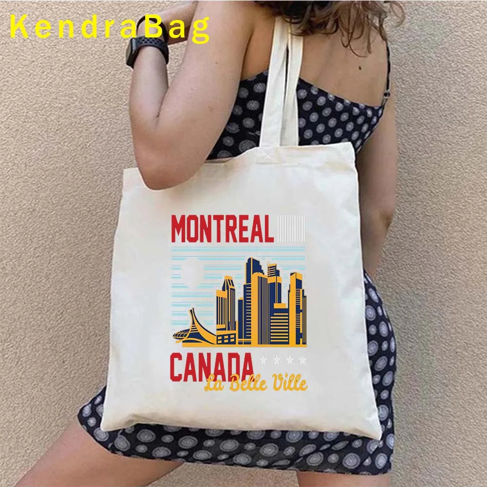 Canadian City Landscape Cotton Canvas Tote Bag | Happy Canada Day Tourist Gift | Reusable Eco-Friendly Shoulder Handbag (Women) Luxegan