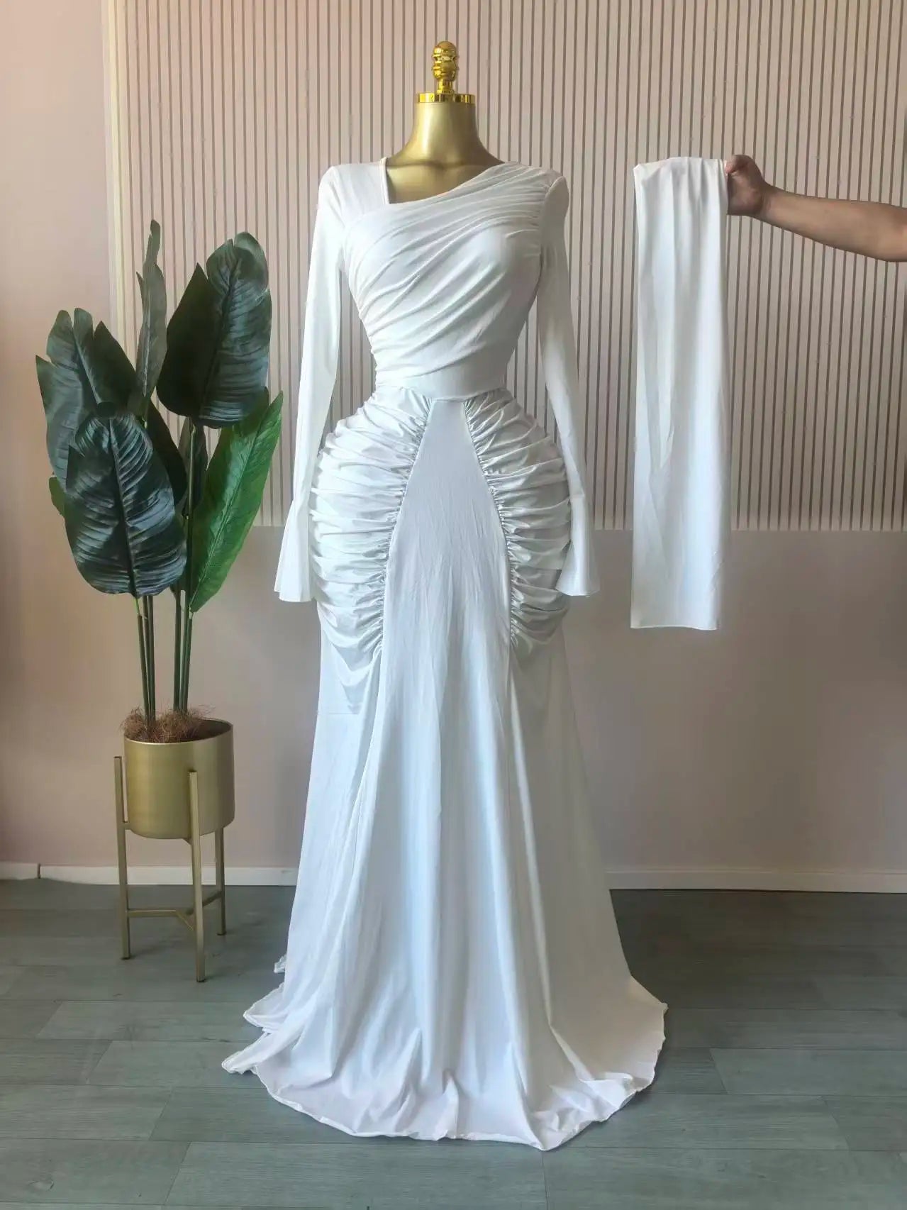 Women's Skew Neck Flare Sleeve Ruched Maxi Dress with Scarf – Floor-Length Luxegan