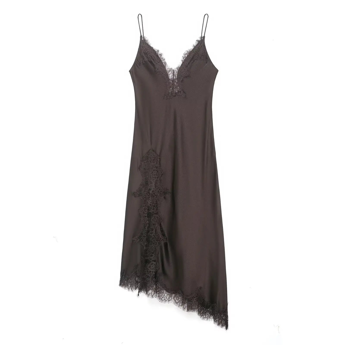 Solid V-Neck Strap Sleeveless Lace Detail Slim Fit Asymmetrical Ankle-Length Dress – Natural Waist, Summer Luxegan