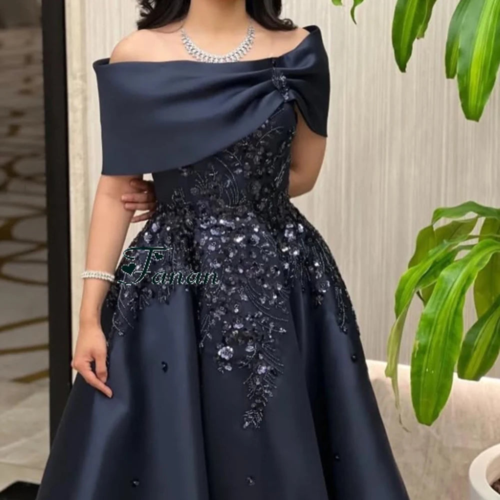 Navy Blue Off-The-Shoulder Satin Evening Dress | Elegant Flower Appliques Ankle-Length Prom Gown | Sleeveless Draped Formal Evening Party Dress Luxegan
