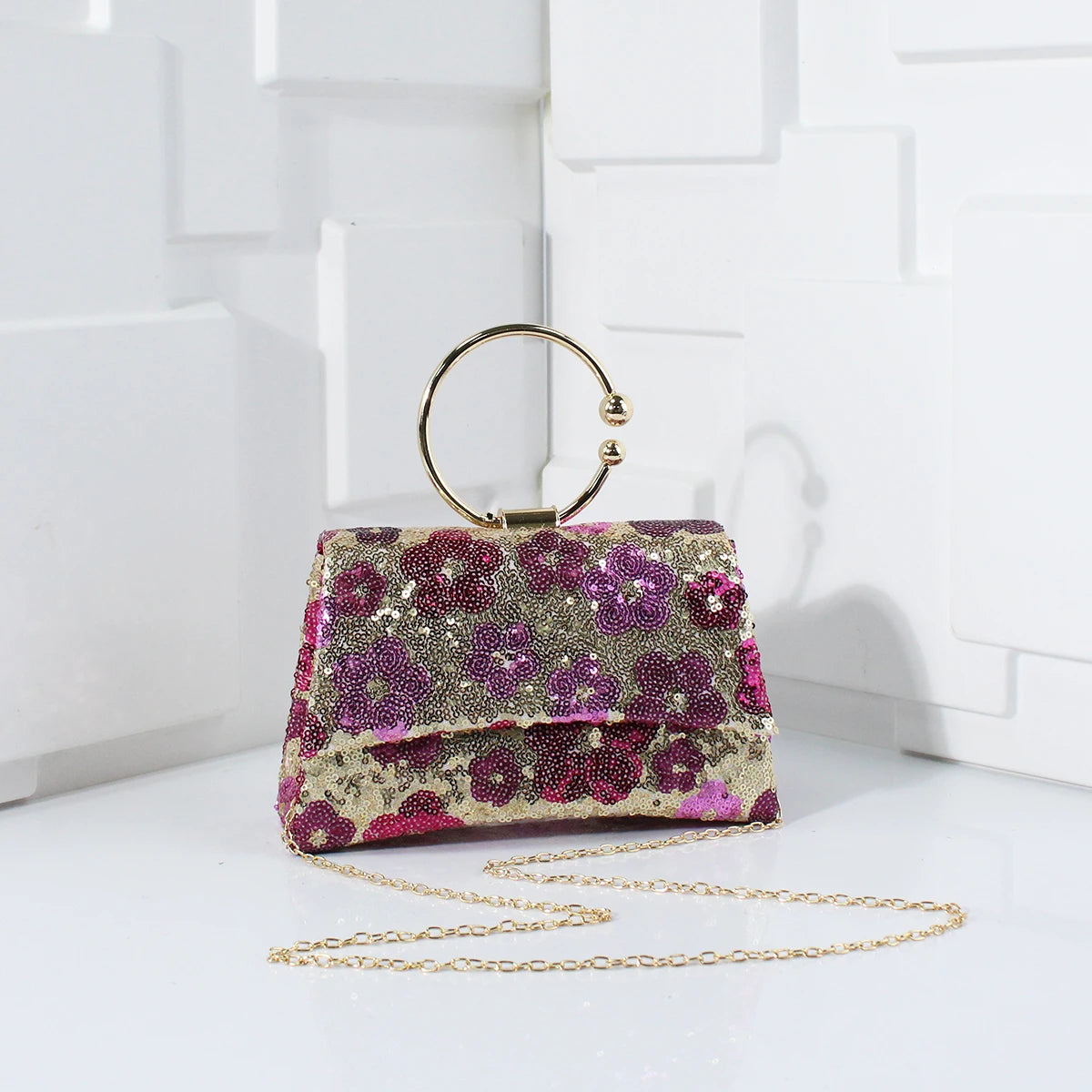 Metal Top Handle Clutch with Sequins & Flowers | Versatile Chain Shoulder Bag for Women Luxegan