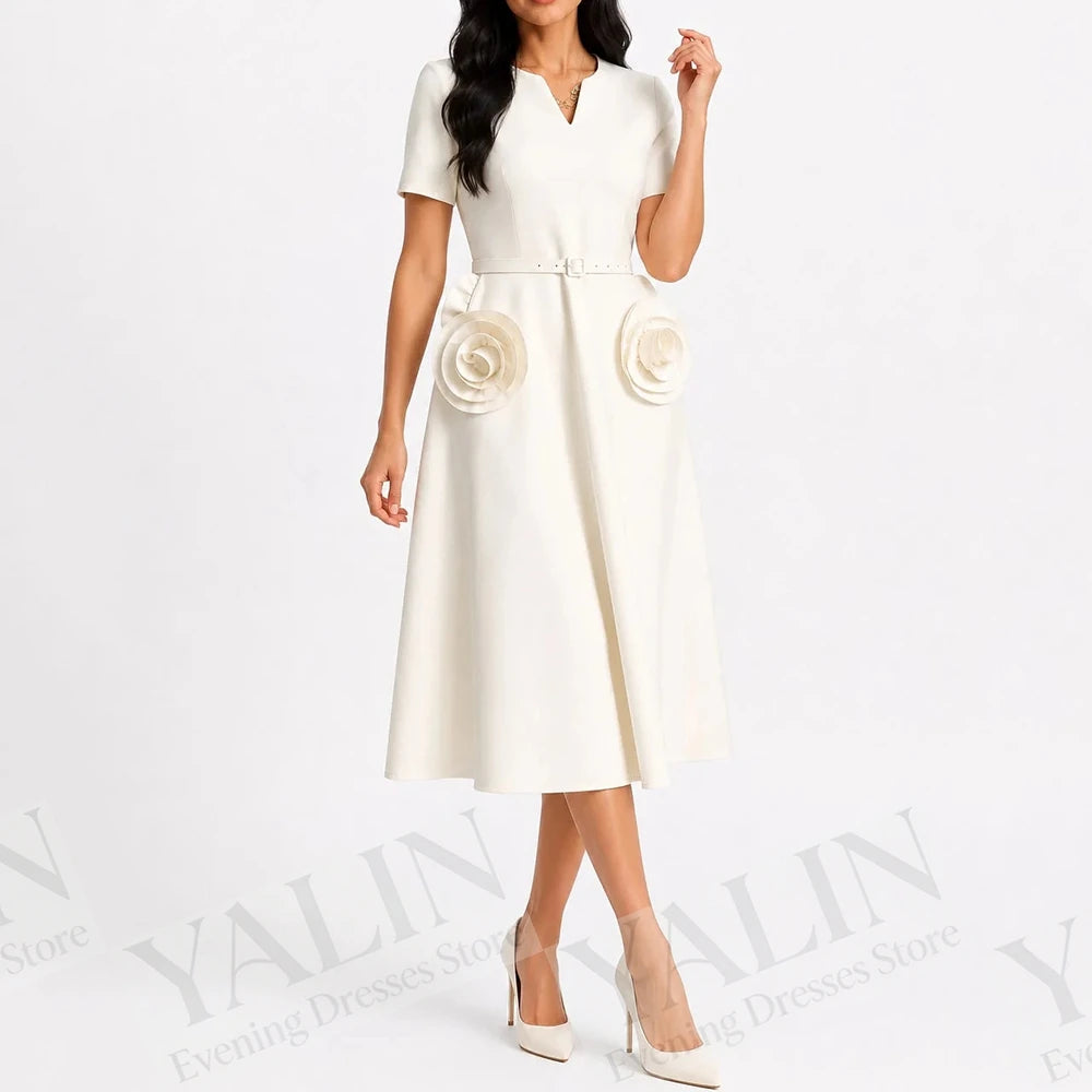 Floral Sash A-Line Prom Dress | V-Neck Short Sleeve Tea-Length Evening Gown Luxegan