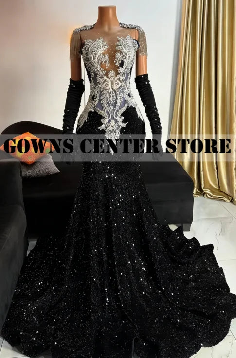 Royal Blue Luxury Crystal Beaded Mermaid Prom Dress | Exquisite Tassel Evening Gown with Matching Gloves | Sleeveless O-Neck Velour Formal Dress with Sweep Train Luxegan