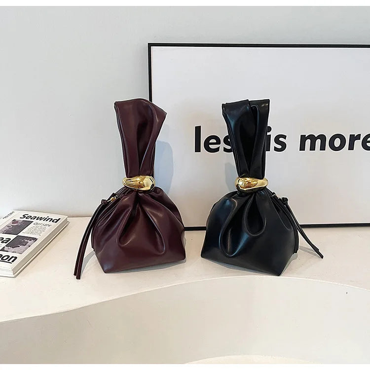 Personalized Soft Leather Clutch Bag | Sophisticated Luxury Designer Pleated Pouch | Elegant Mini Bucket Evening Bag | "Dignified" Soft PU Side-Zipper Purse for Versatile Party Styling Luxegan