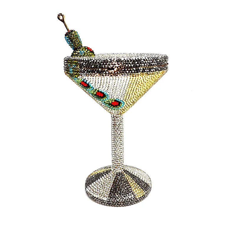 Stunning Rhinestone Martini Glass Purse | Sophisticated Luxury Crystal Olive Cocktail Bag | Elegant Bridal & Evening Party Clutch | "Dignified" Hard-Shell Metallic Minaudière for High-Fashion Styling Luxegan