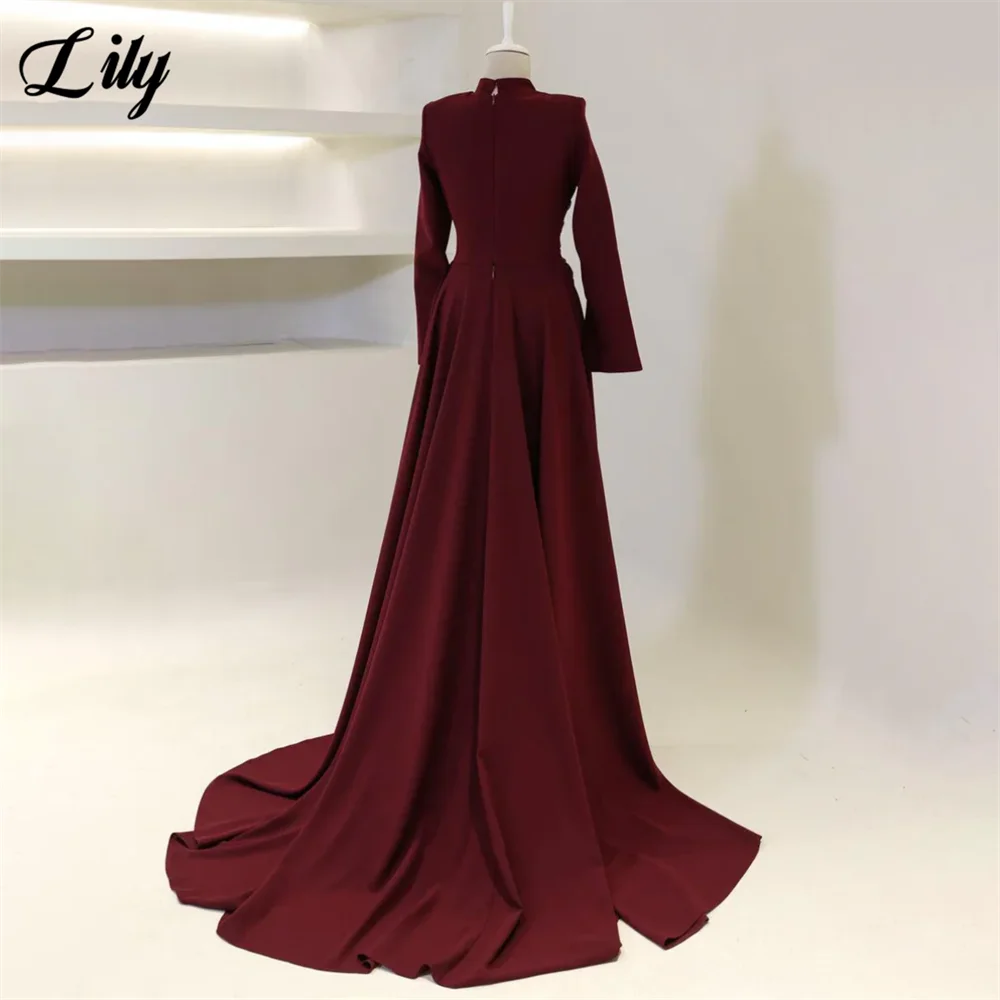 Lily Burgundy Elegant Prom Dresses High-Neck Long Sleeves Mermaid Evening Dresses Satin Muslim Formal Gowns Dubai  Customized