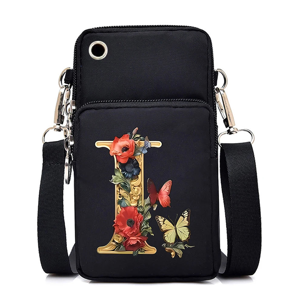 Women’s Small Crossbody Mobile Phone Bag | Sophisticated Vintage Flower & Alphabet Purse | Elegant Mini Messenger with Soft Leather Strap | Fashion-Forward Cartoon Applique Shoulder Bag (Model 858) Luxegan