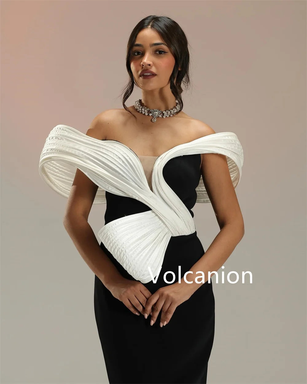 Pleated Off-the-Shoulder Short Sleeve Straight Floor-Length Formal Evening Dress – Polyester Jersey, Built-In Bra, Natural Waist Luxegan