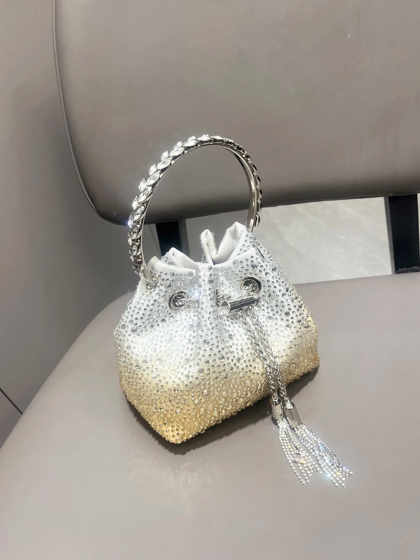 Luxury Designer Rhinestone Evening Clutch | Shiny Crystal Bucket Handbag & Fashion Shoulder Bag Luxegan