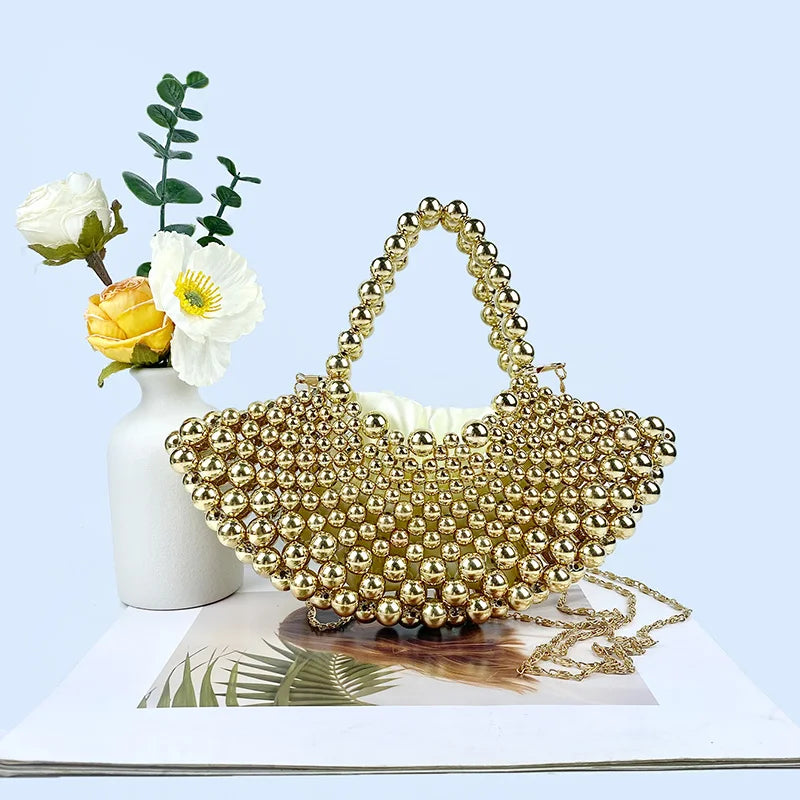 Summer Haute Couture Niche Fan-Shaped Beaded Bag | New Handmade Hollow Pearl Crossbody | Elegant ABS Pearl Hobo & Evening Handbag Luxegan