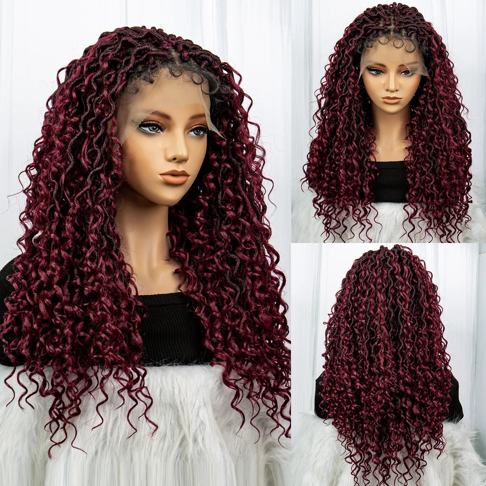 Burgundy 26" 99J Knotless Box Braids Wig | Curly Ends | Faux Locs | Swiss Lace Front | Braided Wigs for Black Women
