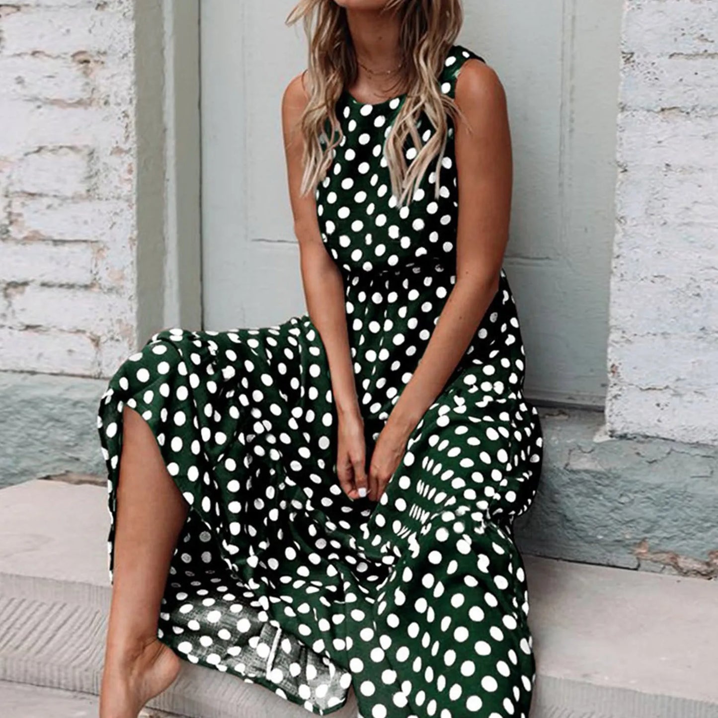 Polka Dot Boho Sundress Women Summer Beach Maxi Long Dresses Sexy Elegant Sleeveless Belts Evening Party Dress Vestido De Mujer