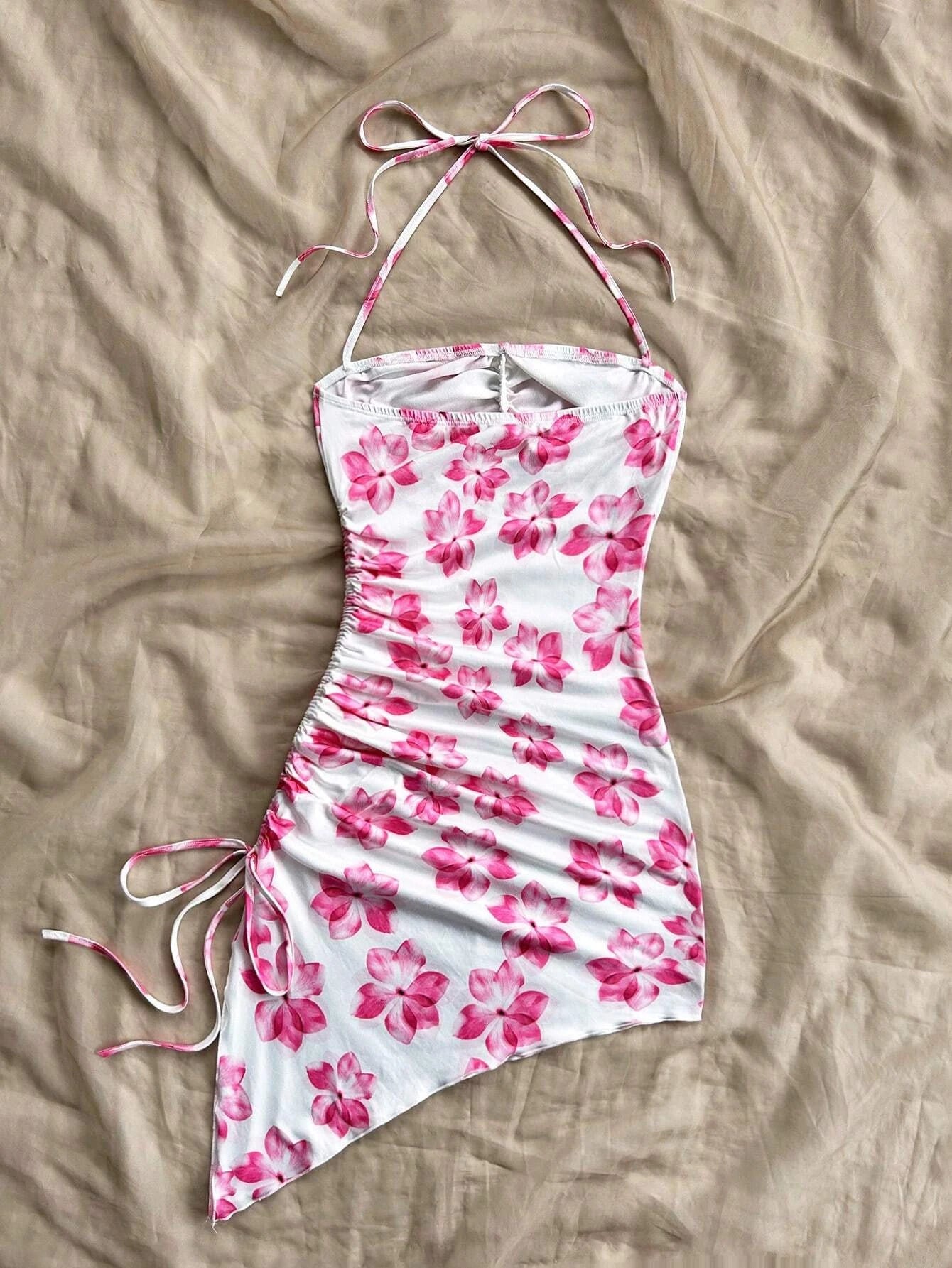 Beach Vacation Graphic Floral Print Dress | Sexy Halter Neck Bow Bodycon Mini Dress | Bohemian Asymmetric Hem Sleeveless Robe | Premium Knit Slim Fit Sweetheart Streetwear Model AE018 Luxegan