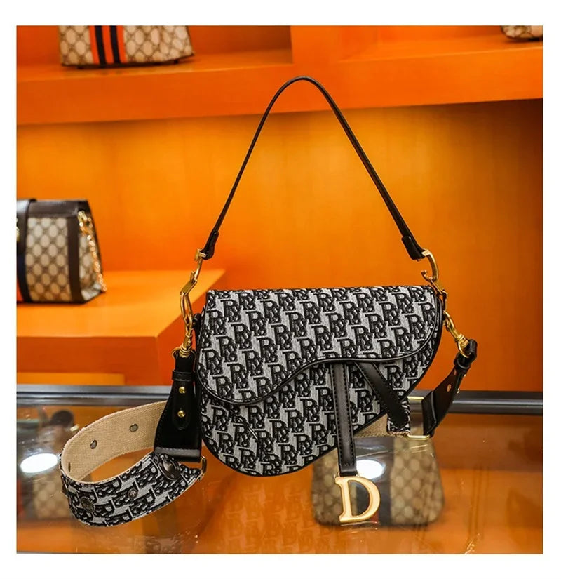 Canvas Letter-Print Saddle Crossbody | Soft Large Capacity Underarm Bag Luxegan