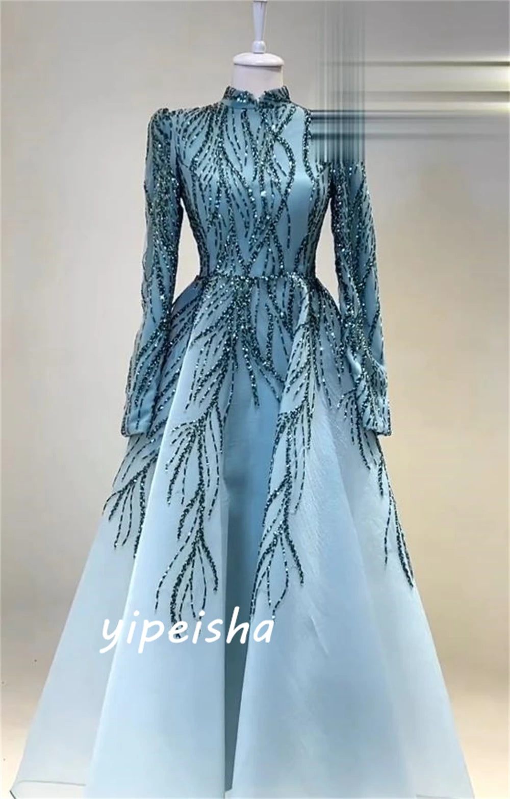Women's Sparkle High-Collar Ball Gown | Intricate Celebrity Beading Evening Dress | Exquisite Sequined Organza Prom Gown | Premium Tatting Floor-Length A-Line Robe with Built-in Bra Model 3100xjj Luxegan
