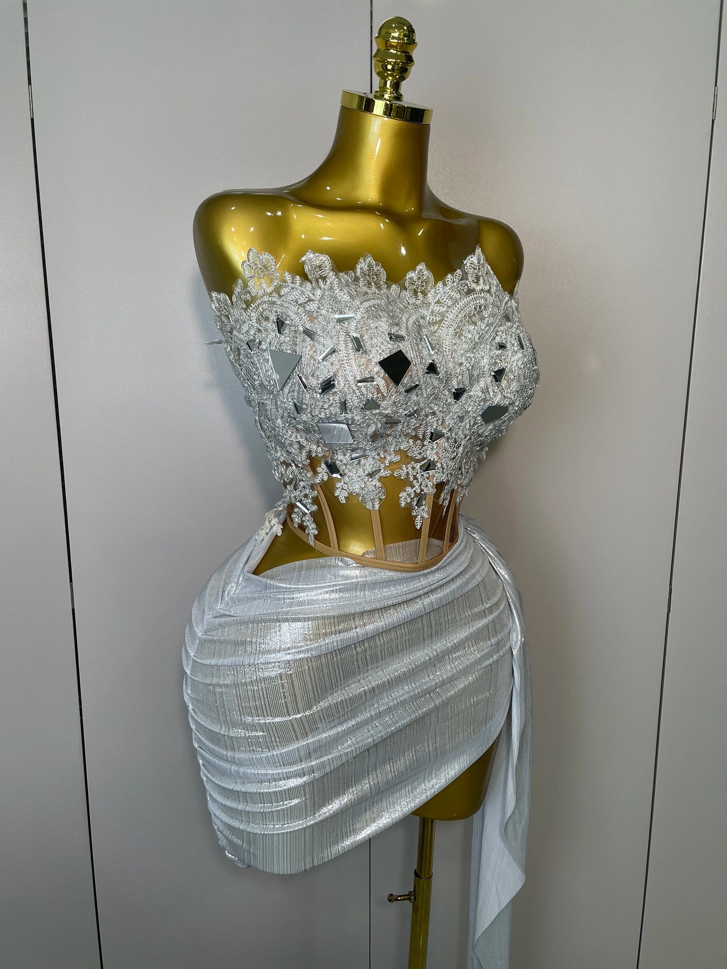 Sparkly Silver Sequins Sexy Strapless Short Dress 2Pcs Set Newest 2025 Women Party Birthday Nightclub Singer Dancer Stage Wear