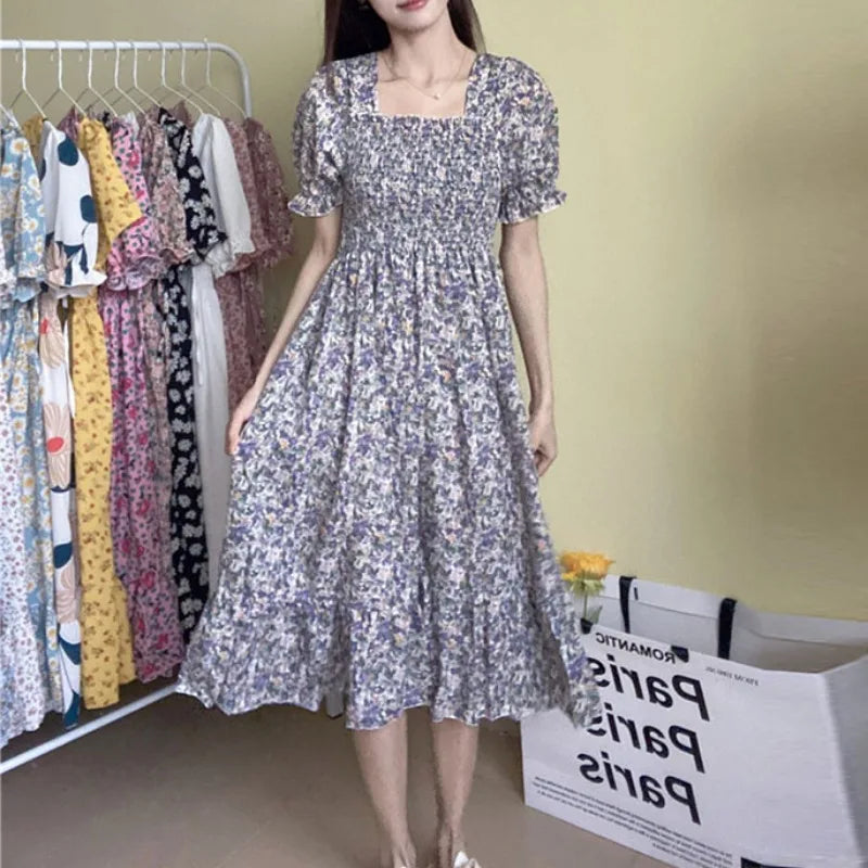 Women's Printed Chiffon Short-Sleeve Dress | Elastic-Waist Pleated A-Line Summer Dress | Slash-Neck Knee-Length Casual Slim-Fit Gown Luxegan