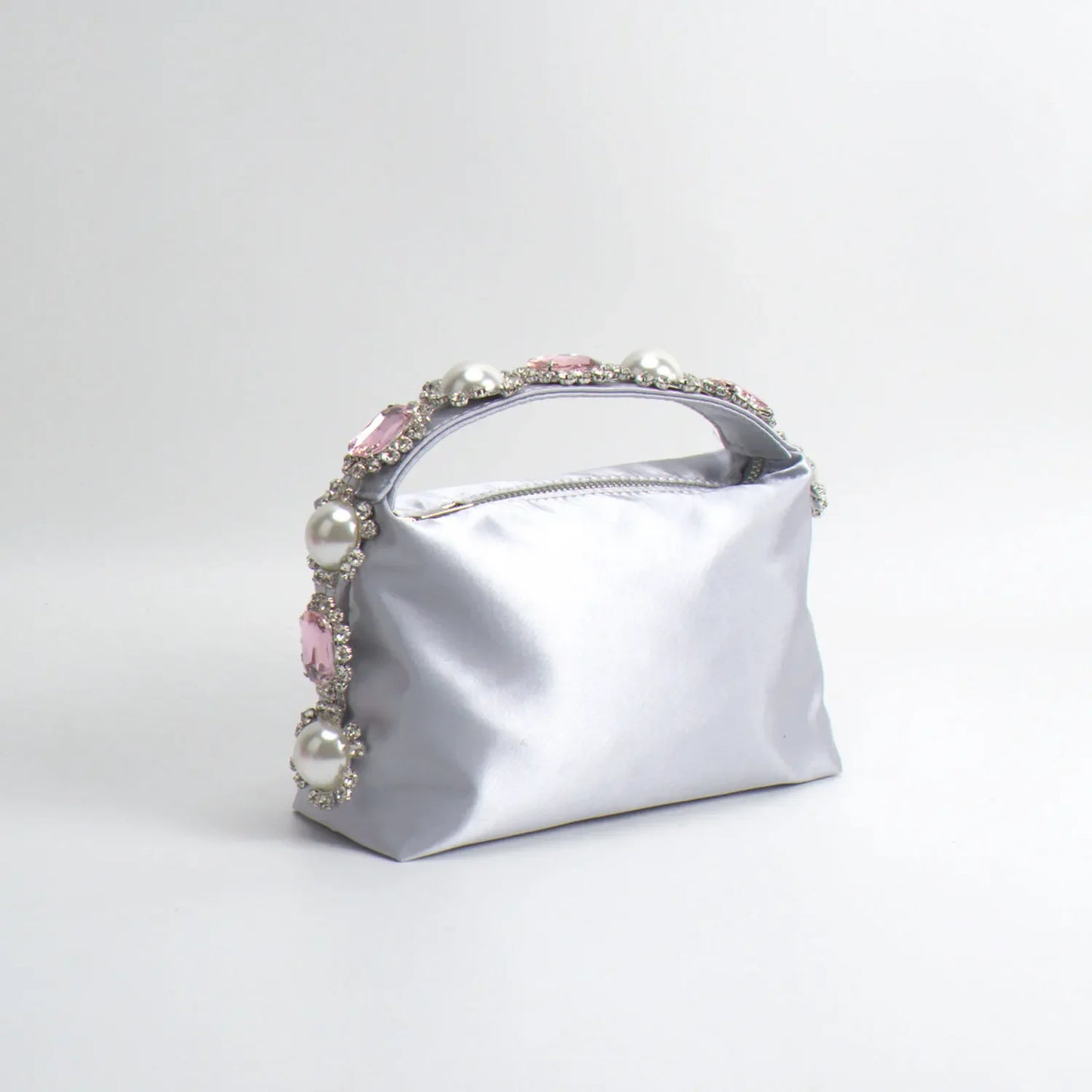 Luxury Feather & Pearl Evening Clutch | Designer Satin Wedding Purse with Diamond Decoration | Fashionable Sparkling Square Party Tote | Elegant White Satin Flap Handbag Luxegan