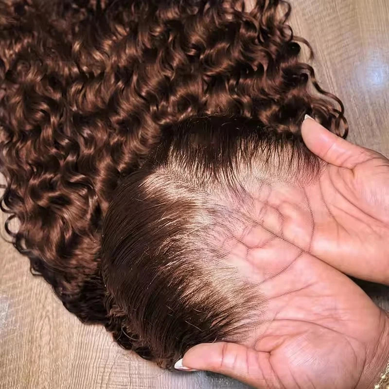 34 & 30-Inch Chocolate Brown Deep Wave Wig | Sophisticated 13x4 HD Transparent Lace | Elegant "#4 Colored" Brazilian Virgin Hair | "Dignified" Pre-Plucked Curly Frontal for Radiant Versatile Styling Luxegan