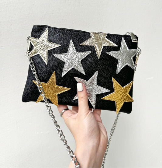 Fashion Women’s Metallic PU Leather Square Clutch | Funky Stars & Colorful Stripes Shoulder Bag | Trendy Patchwork Party Handbag with Chain Strap | Statement Prom & Date Night Purse (Model CRP-2402031) Luxegan