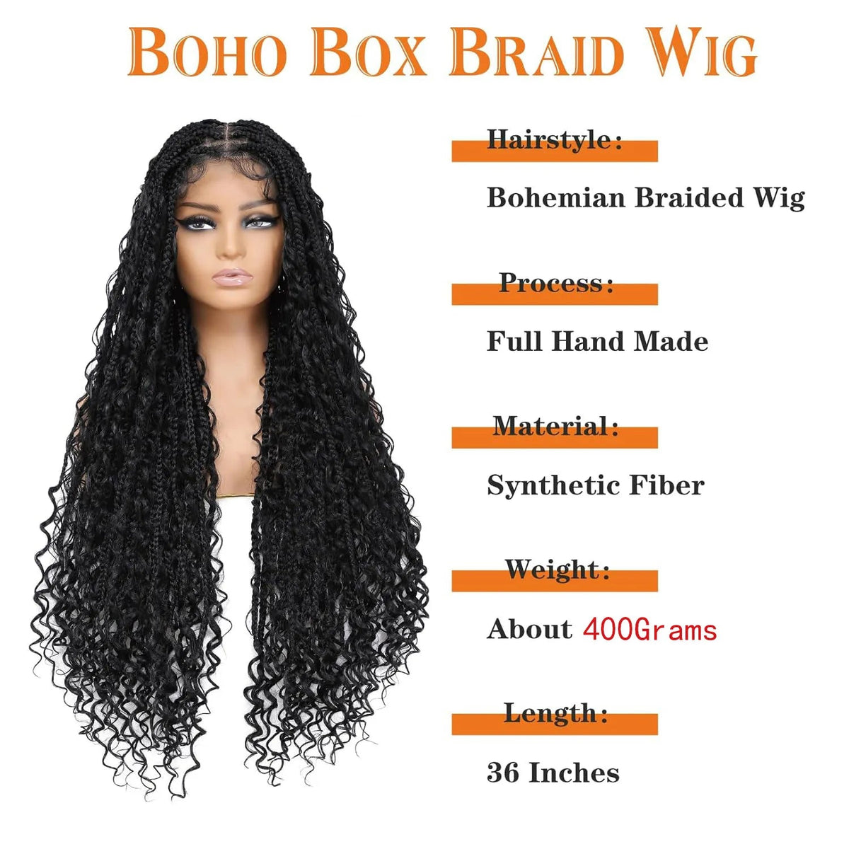 Synthetic 36" Bohemian Braided Wigs Boho Box Braid Wigs for Black Women Twisted Braids Full Lace Braided Wigs with Baby Hair Luxegan