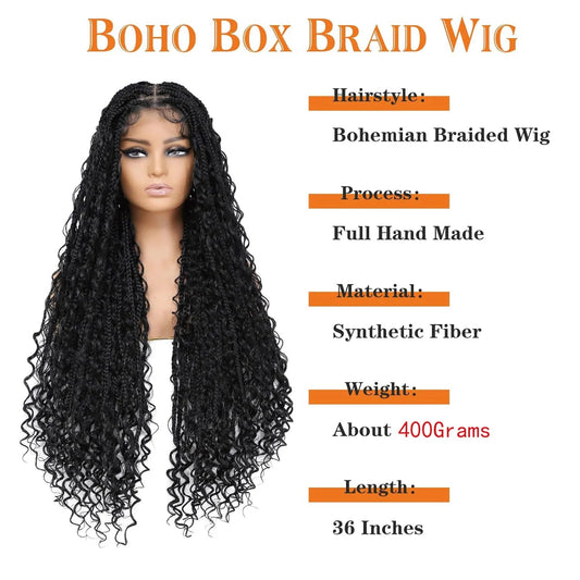 Synthetic 36" Bohemian Braided Wigs Boho Box Braid Wigs for Black Women Twisted Braids Full Lace Braided Wigs with Baby Hair Luxegan