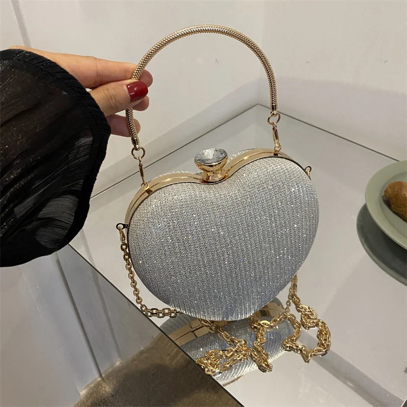 Shiny Heart Shape Metal Evening Clutch Bag for Women | Fashion Chain Shoulder Crossbody Bag (Luxury Lady Purse) Luxegan