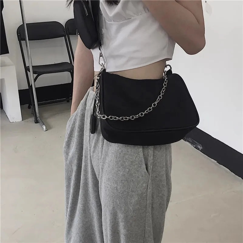 Casual Nylon Waterproof Shoulder Hobo Bag | Fashion Cool Black Chain Handbag Luxegan