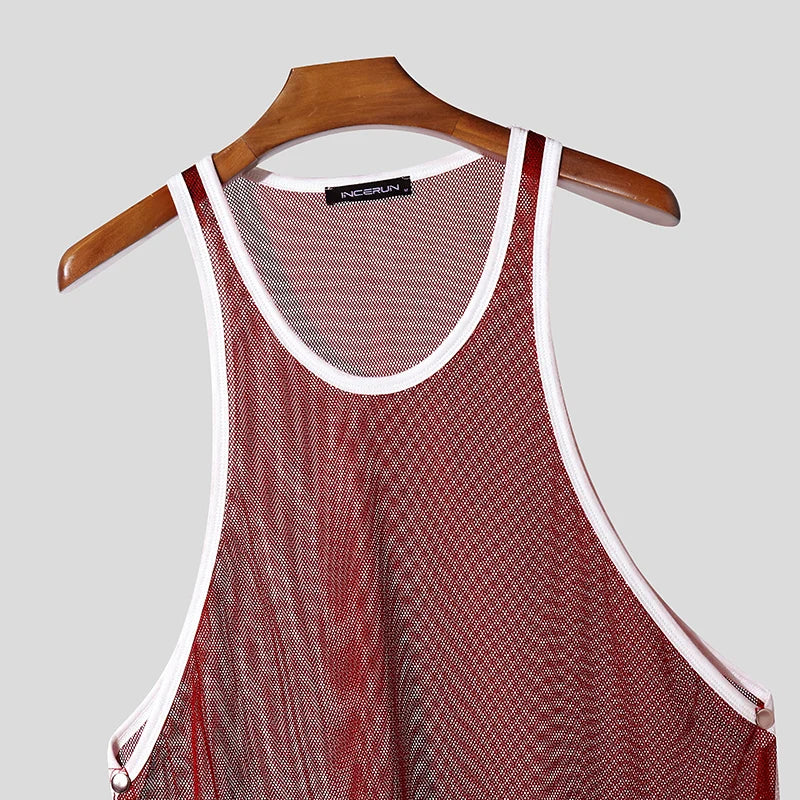 INCERUN Hombre Camisetas de Tirantes Malla Retazos Cuello Redondo Sin Mangas Chalecos Masculinos Transparentes Sexy Huecos Ropa de Hombre Ropa de Calle Verano